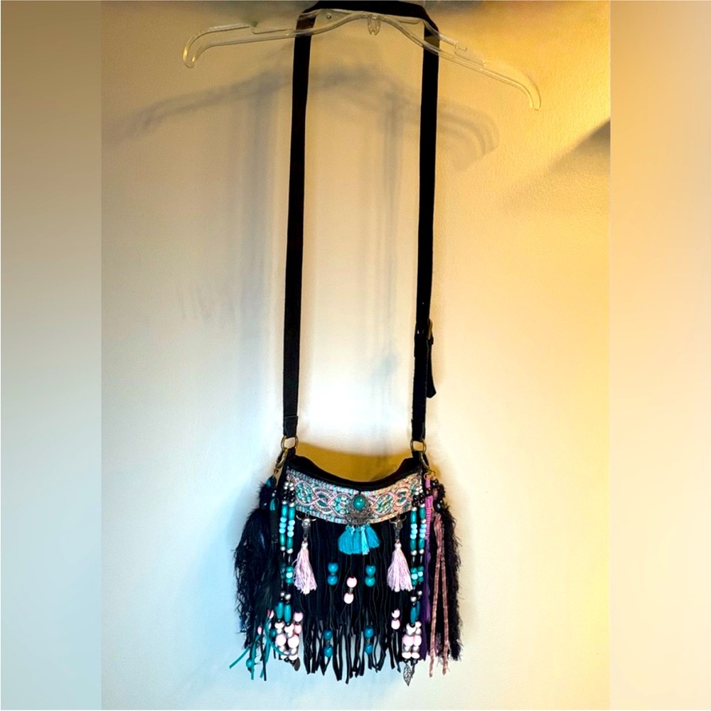 Handmade One of a Kind Fringe Tassel Boho Bag w/ Dangly Jewels Pink Blue & Black